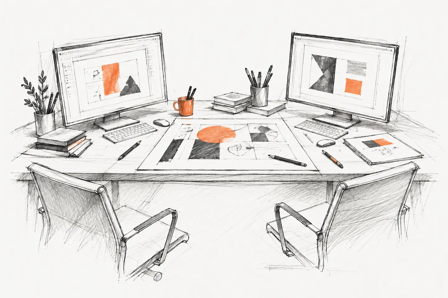 Pencil and orange wash illustration of two workstations sharing one creative table, with design sketches and finished artwork.