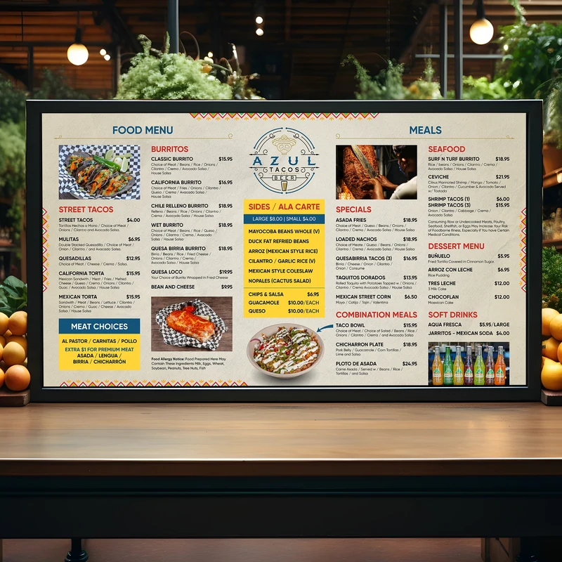 Azul Tacos and Beer — Food menu display